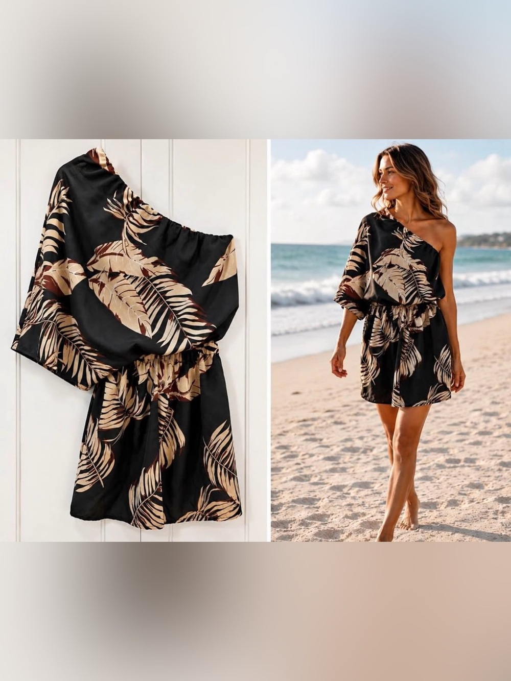 Women's Black Tropical Print Swim Cover-Up Dress